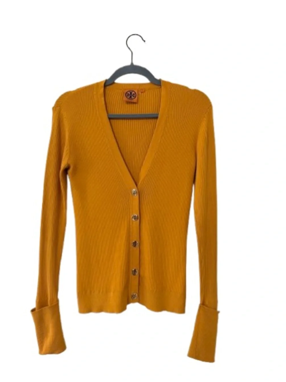 Tory Burch Simone Ribbed Cardigan Sweater Mustard Yellow Logo Button Cotton SZ S